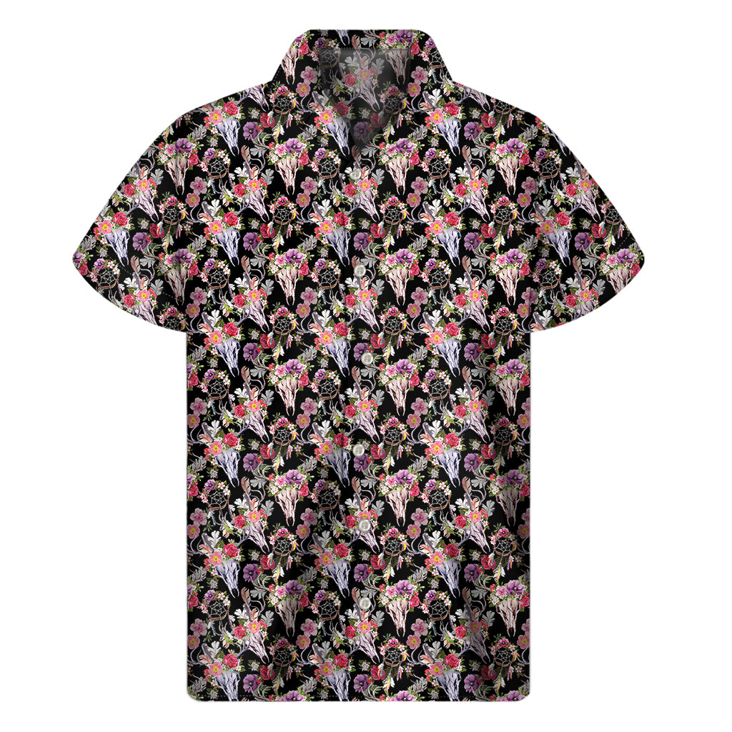 Boho Deer Skull Pattern Print Men's Short Sleeve Shirt