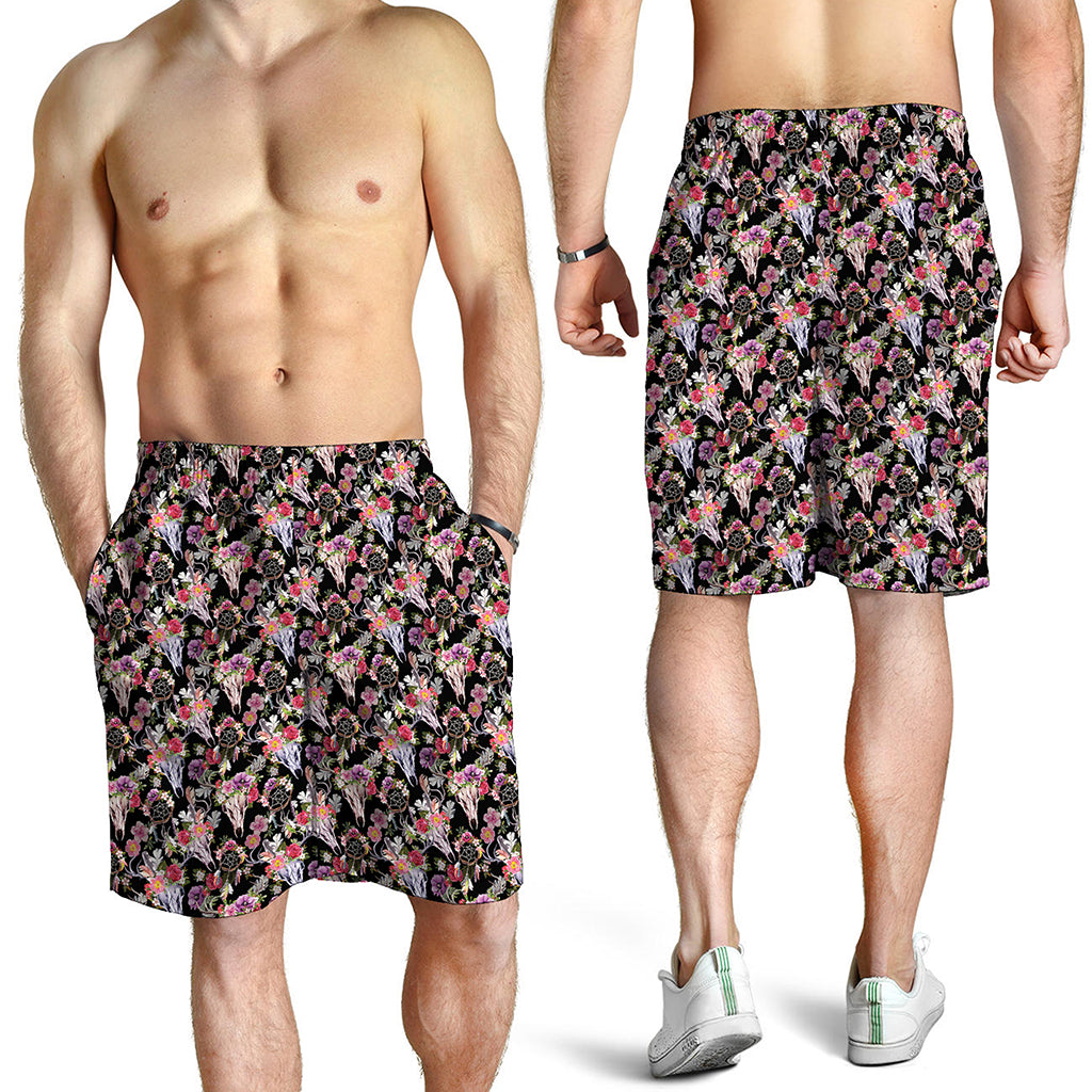 Boho Deer Skull Pattern Print Men's Shorts