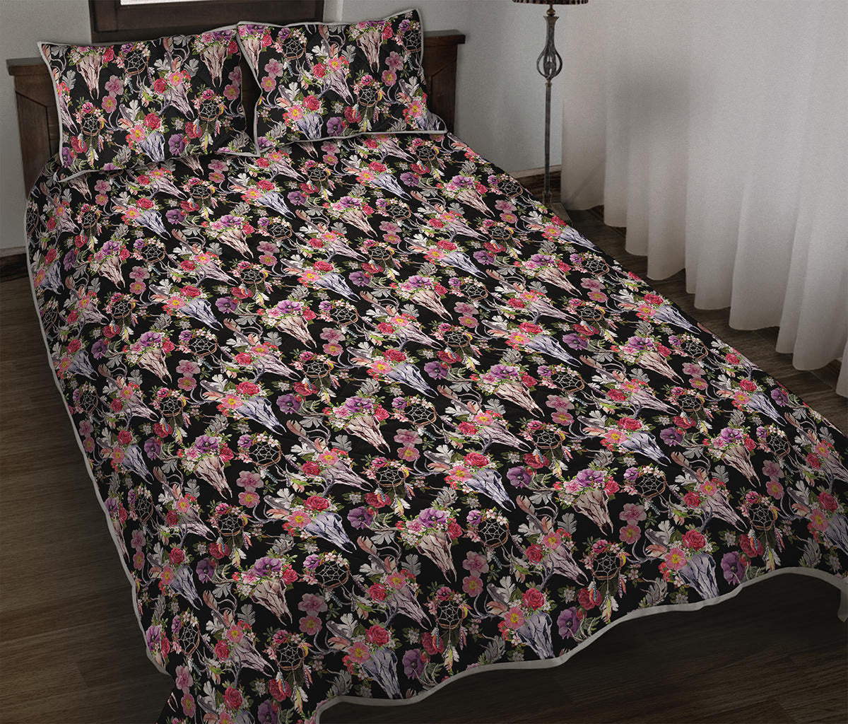 Boho Deer Skull Pattern Print Quilt Bed Set