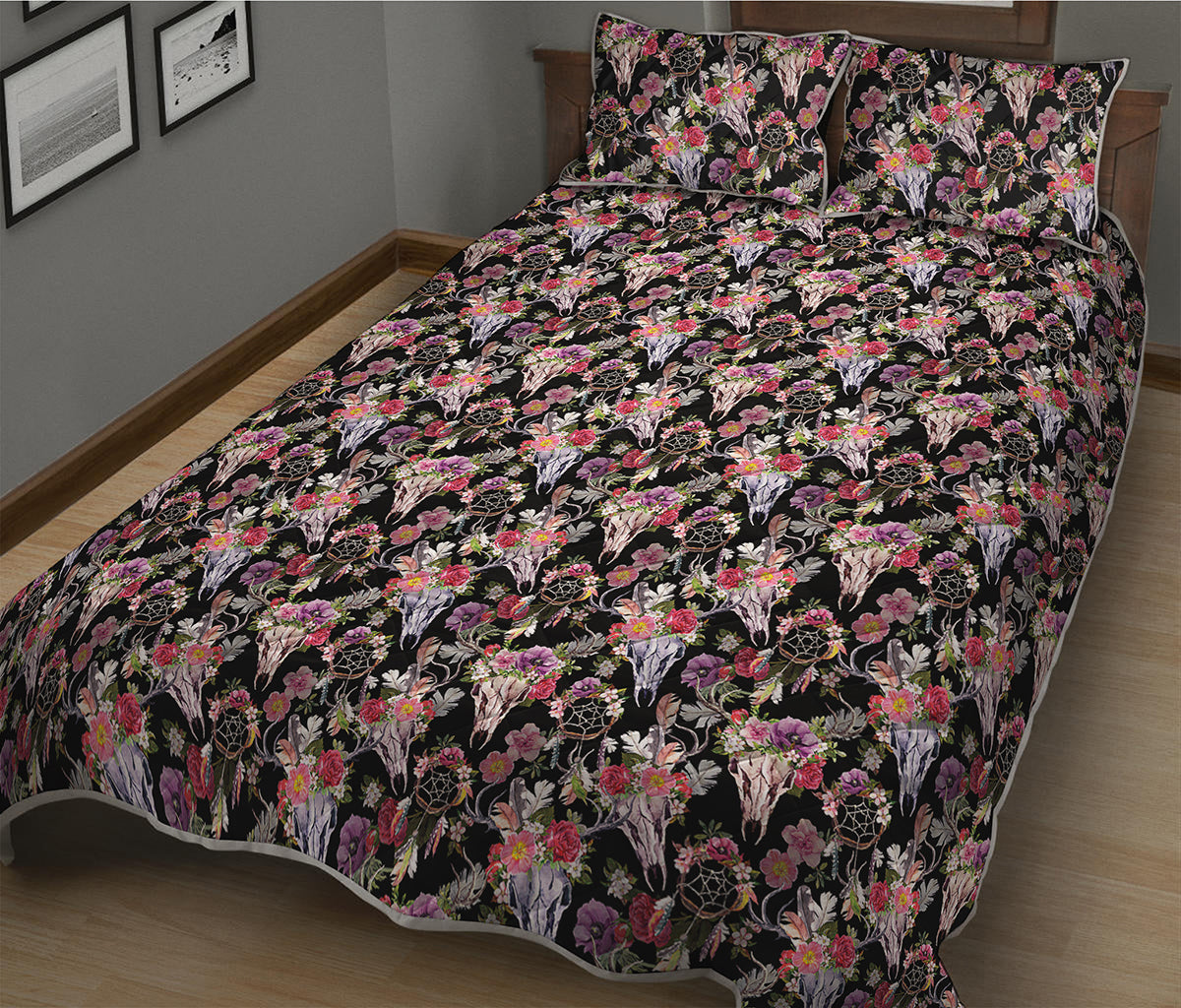 Boho Deer Skull Pattern Print Quilt Bed Set