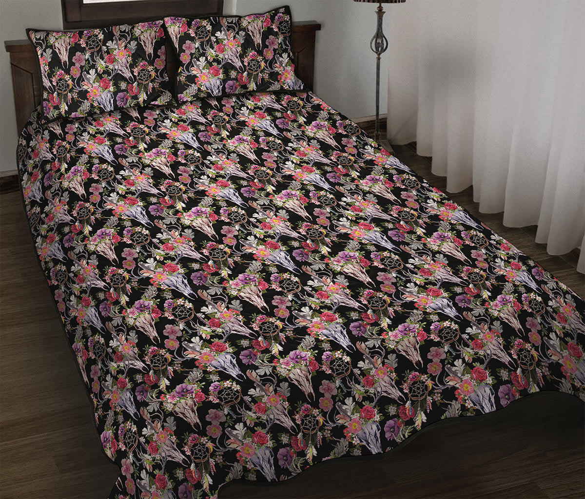 Boho Deer Skull Pattern Print Quilt Bed Set