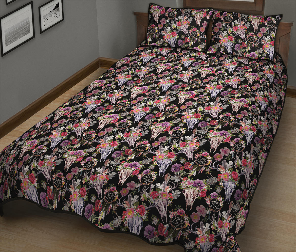 Boho Deer Skull Pattern Print Quilt Bed Set