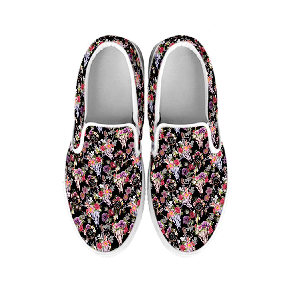 Boho Deer Skull Pattern Print White Slip On Shoes