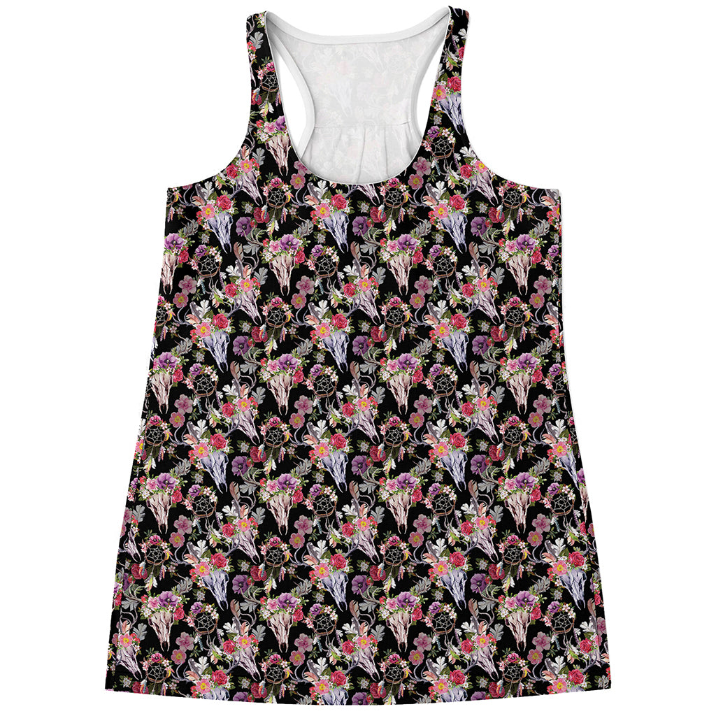 Boho Deer Skull Pattern Print Women's Racerback Tank Top