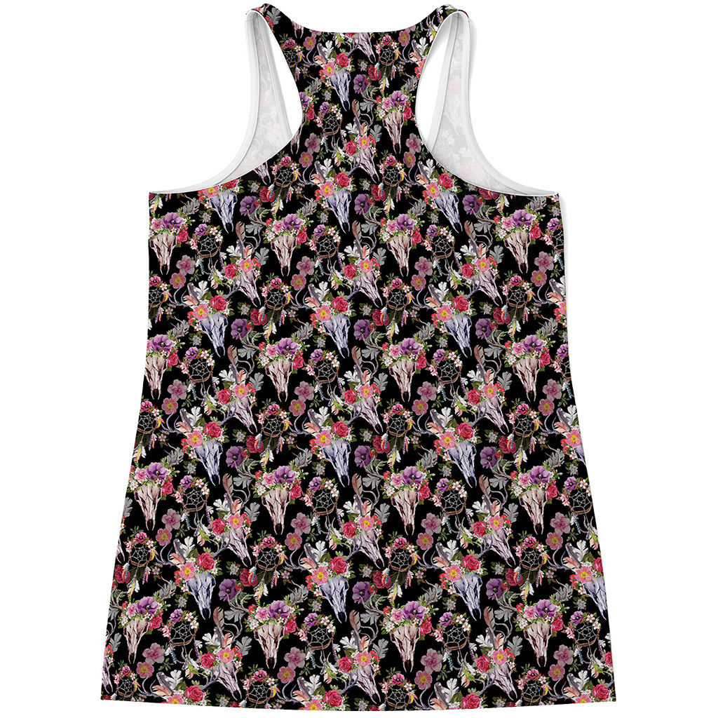 Boho Deer Skull Pattern Print Women's Racerback Tank Top