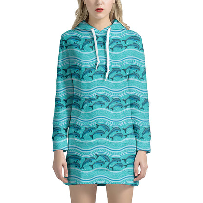 Boho Dolphin Pattern Print Hoodie Dress