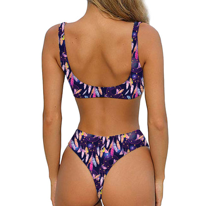 Boho Dream Catcher Pattern Print Front Bow Tie Bikini