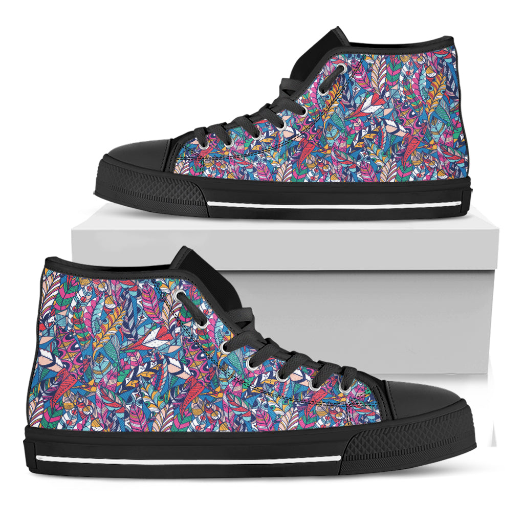 Boho Feather Pattern Print Black High Top Shoes