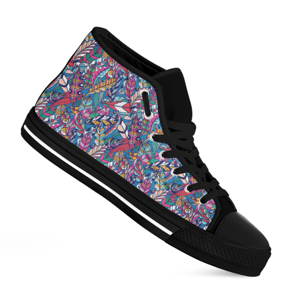 Boho Feather Pattern Print Black High Top Shoes