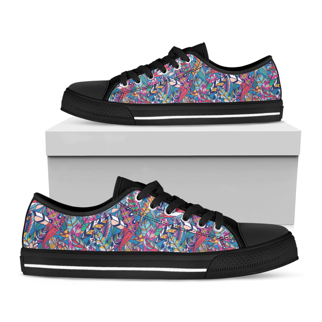 Boho Feather Pattern Print Black Low Top Shoes