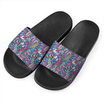 Boho Feather Pattern Print Black Slide Sandals