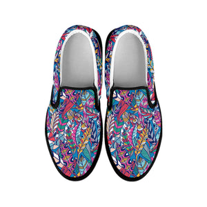 Boho Feather Pattern Print Black Slip On Shoes