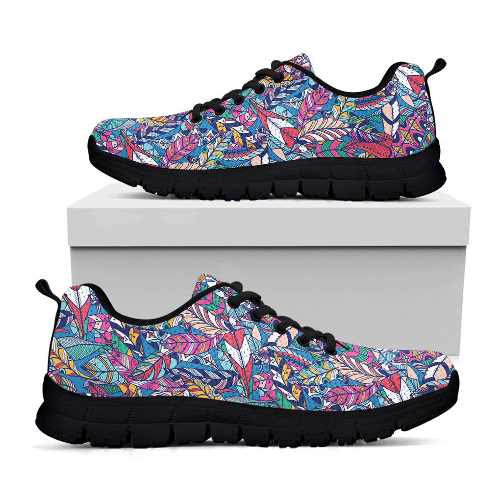 Boho Feather Pattern Print Black Sneakers