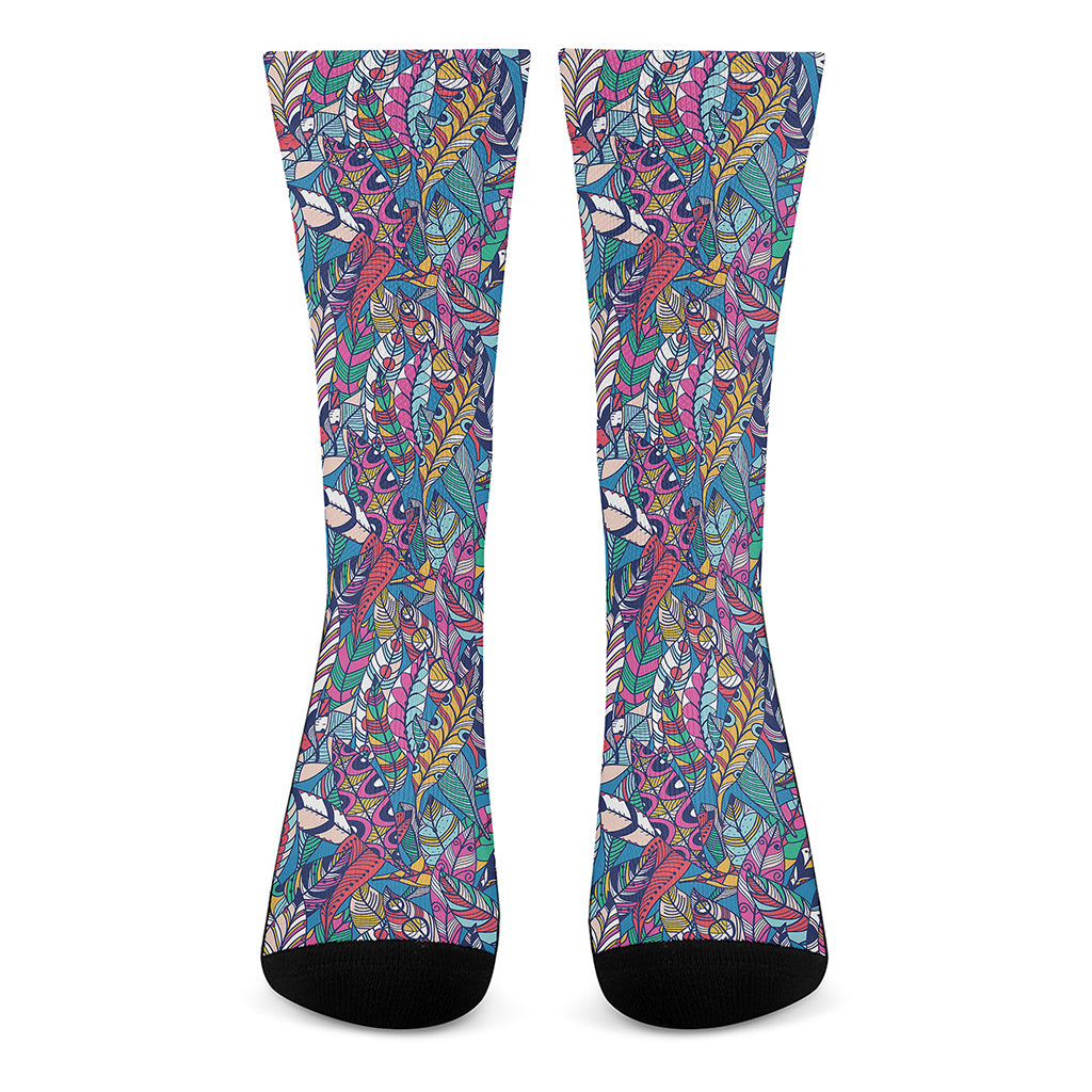 Boho Feather Pattern Print Crew Socks