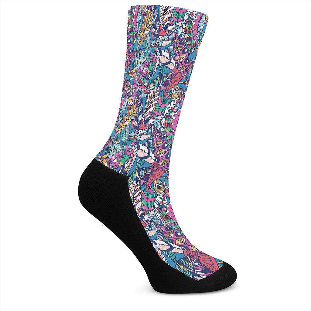 Boho Feather Pattern Print Crew Socks