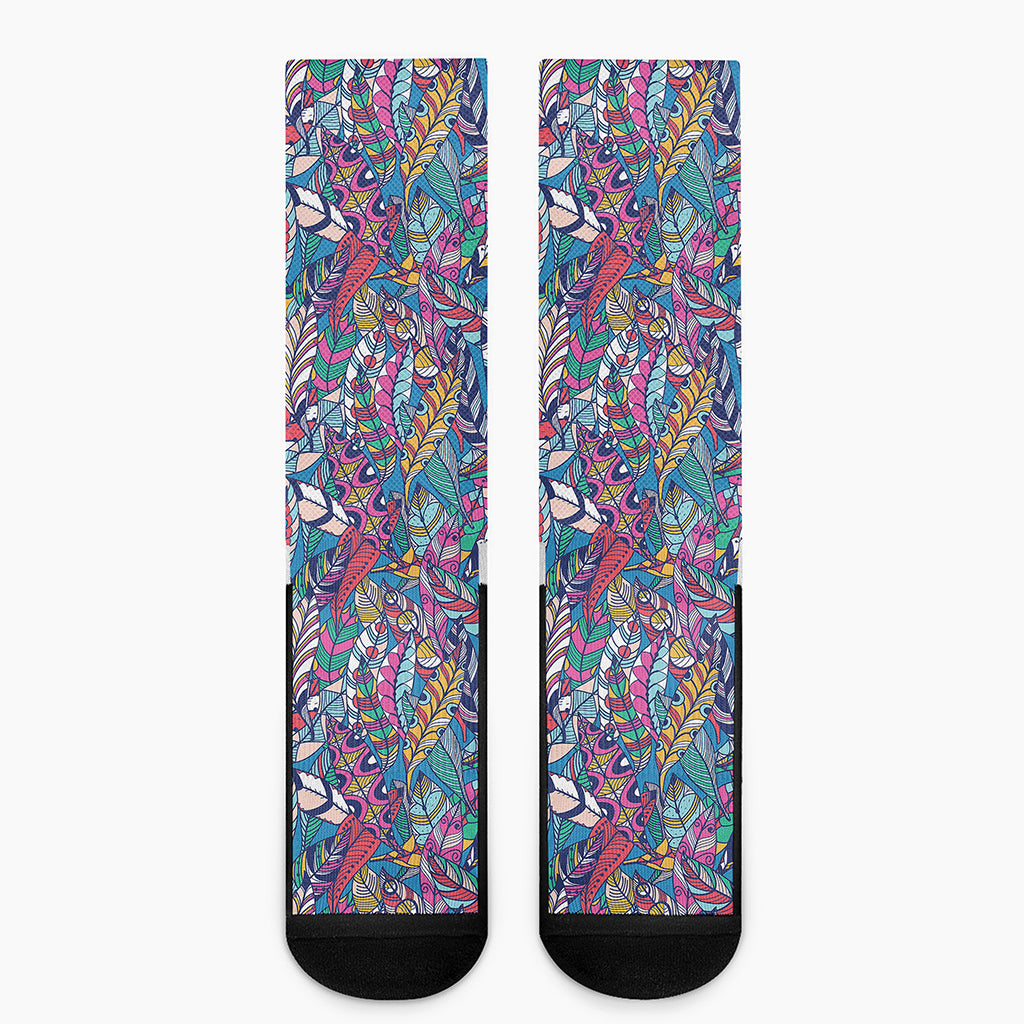 Boho Feather Pattern Print Crew Socks