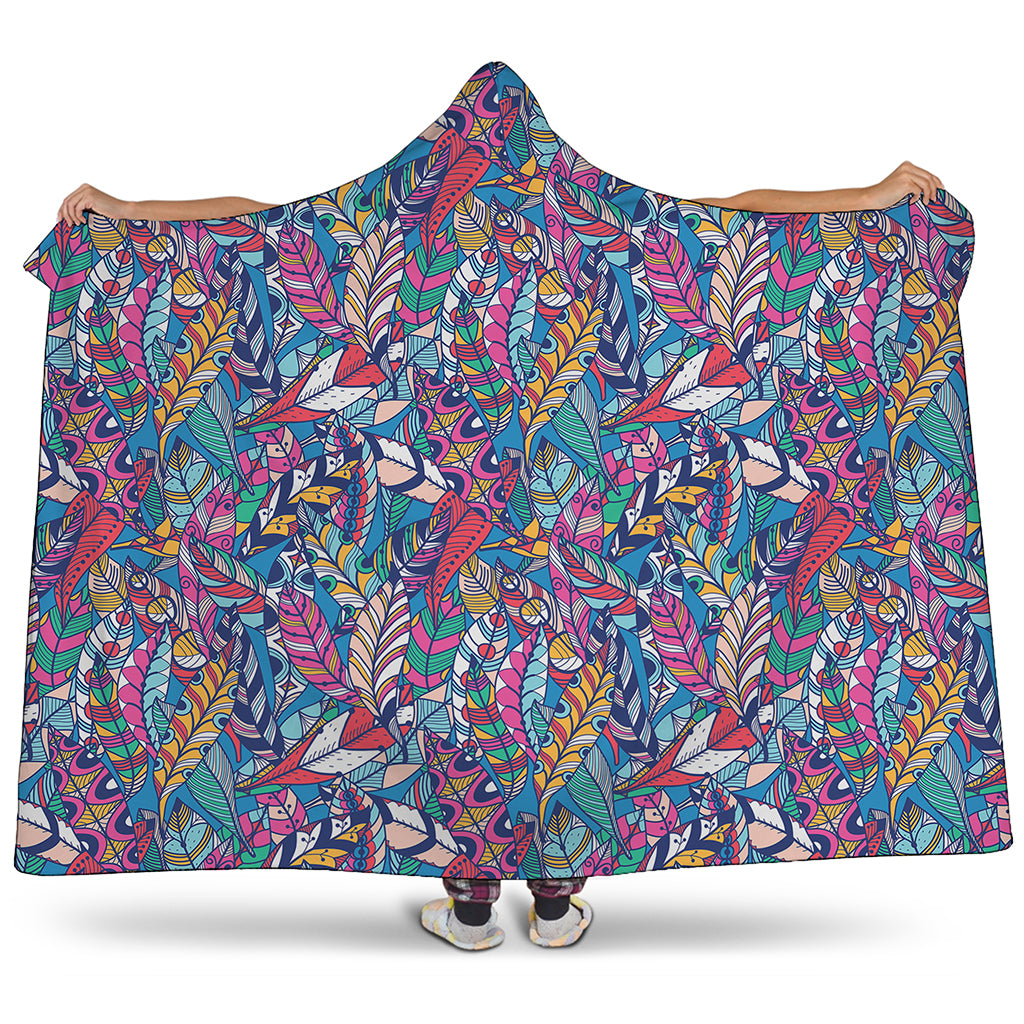 Boho Feather Pattern Print Hooded Blanket