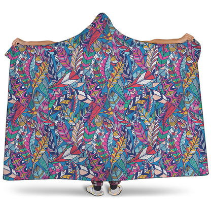 Boho Feather Pattern Print Hooded Blanket