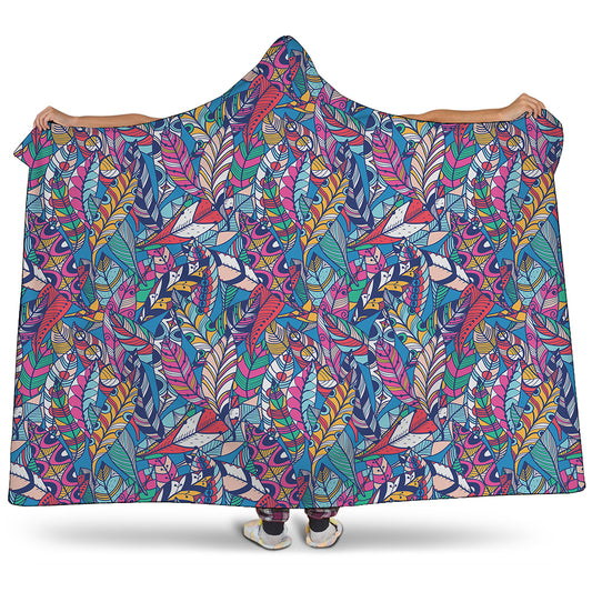 Boho Feather Pattern Print Hooded Blanket