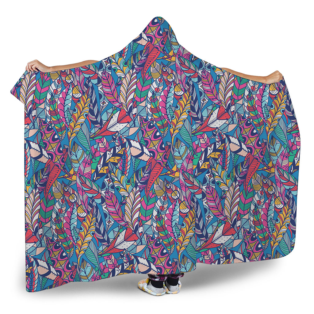 Boho Feather Pattern Print Hooded Blanket