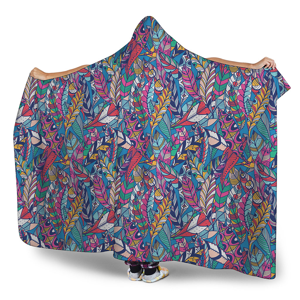 Boho Feather Pattern Print Hooded Blanket