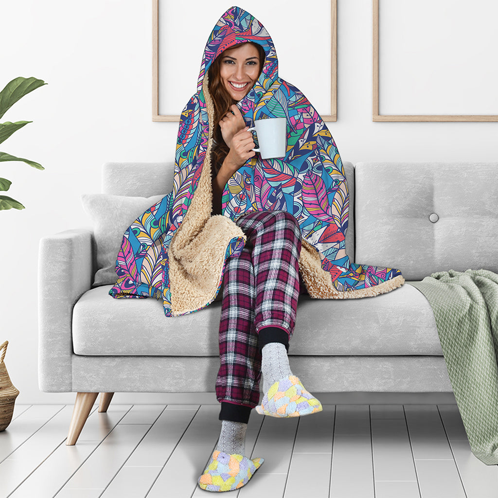 Boho Feather Pattern Print Hooded Blanket