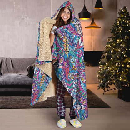 Boho Feather Pattern Print Hooded Blanket