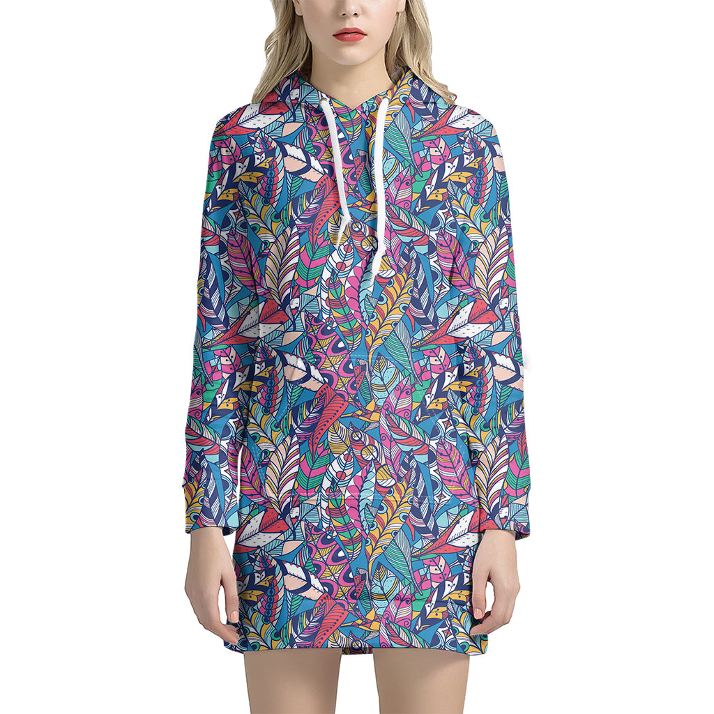 Boho Feather Pattern Print Hoodie Dress