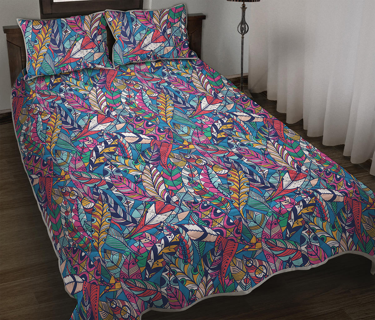 Boho Feather Pattern Print Quilt Bed Set
