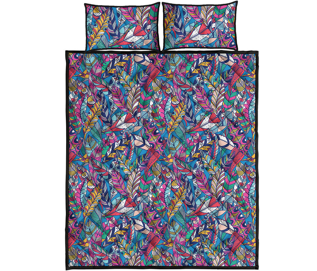 Boho Feather Pattern Print Quilt Bed Set