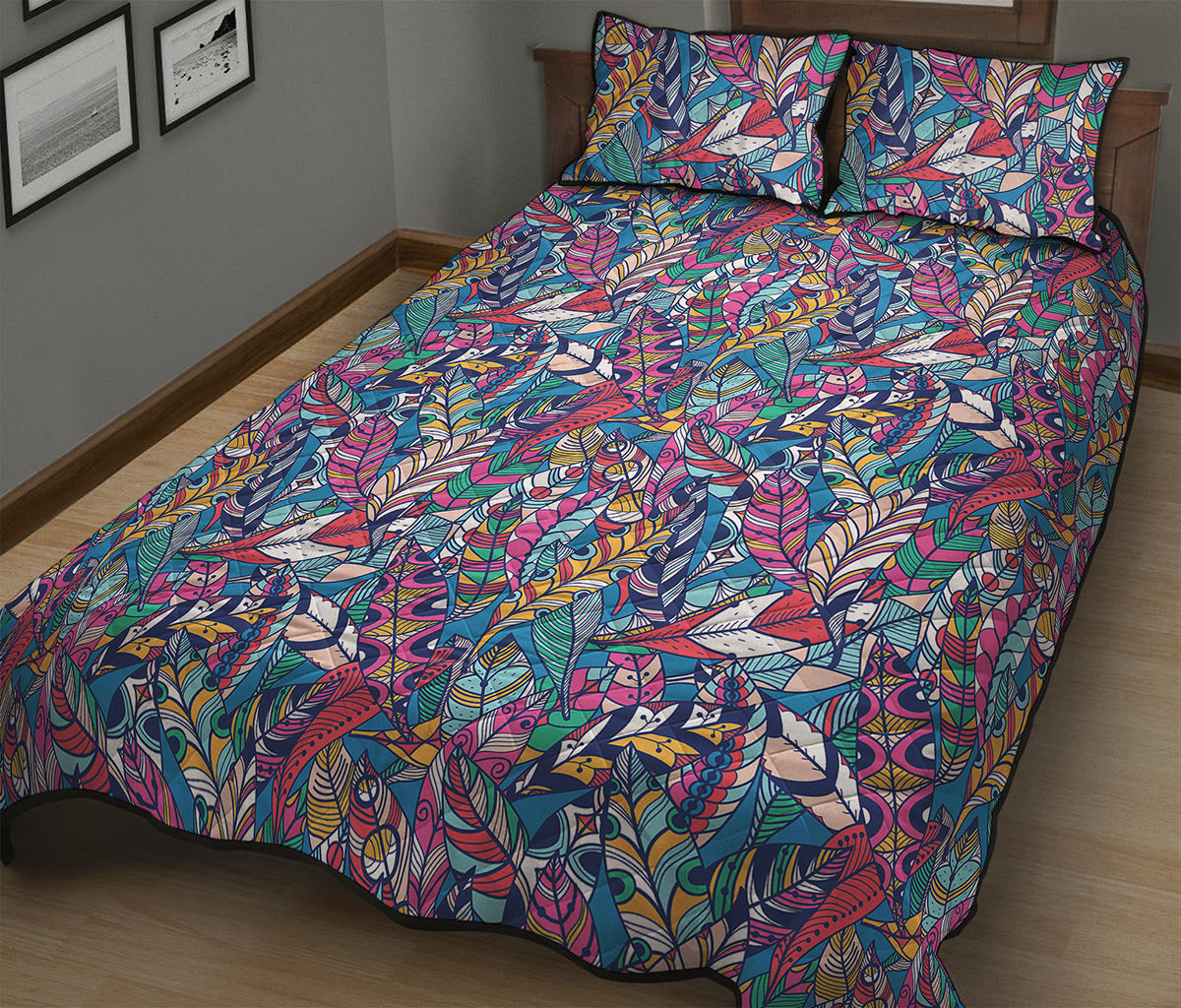 Boho Feather Pattern Print Quilt Bed Set