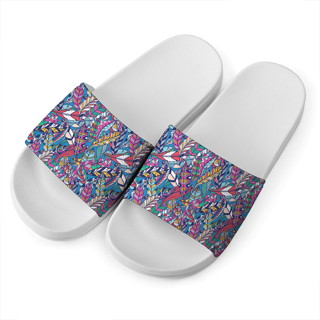 Boho Feather Pattern Print White Slide Sandals