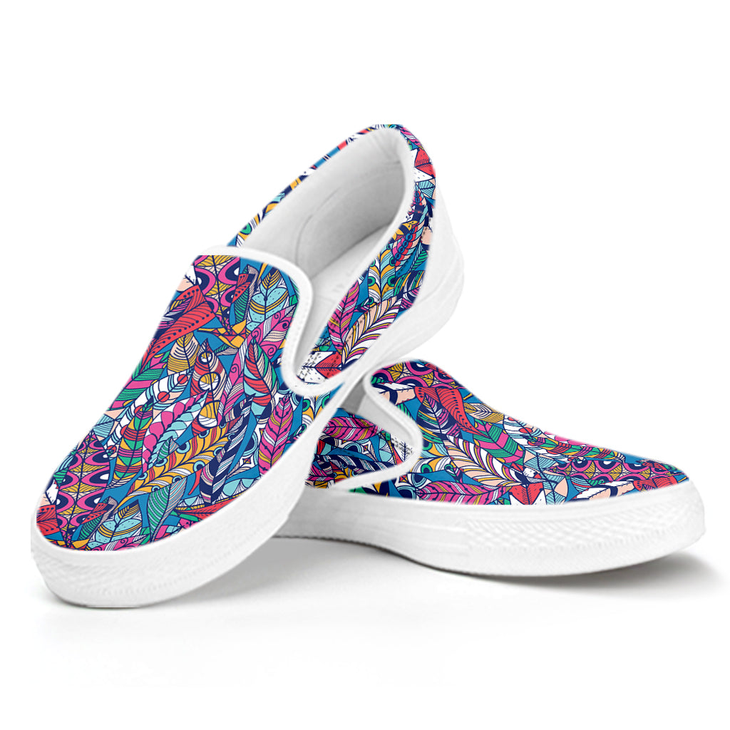 Boho Feather Pattern Print White Slip On Shoes