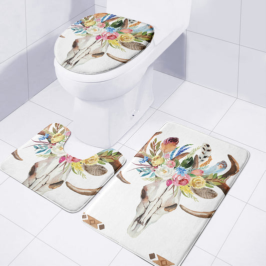 Boho Floral Deer Skull Print 3 Piece Bath Mat Set