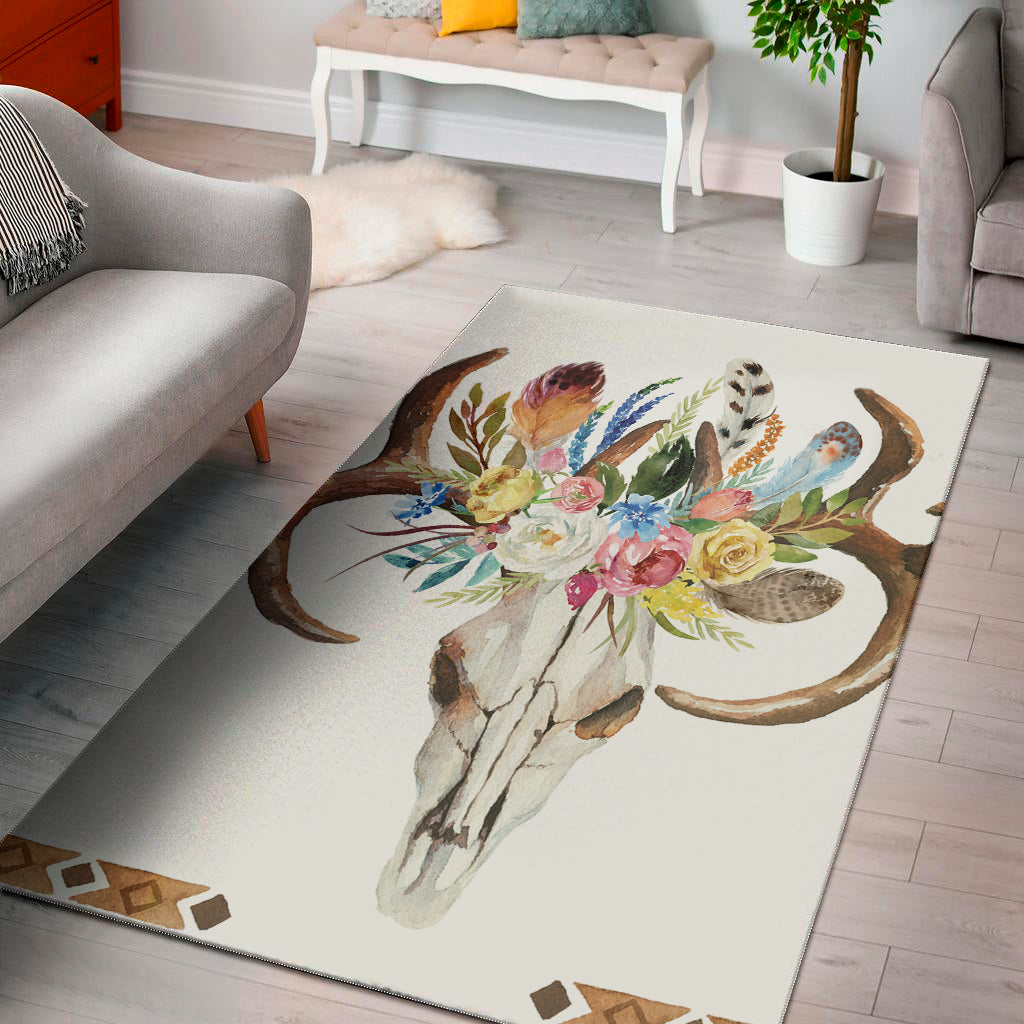 Boho Floral Deer Skull Print Area Rug