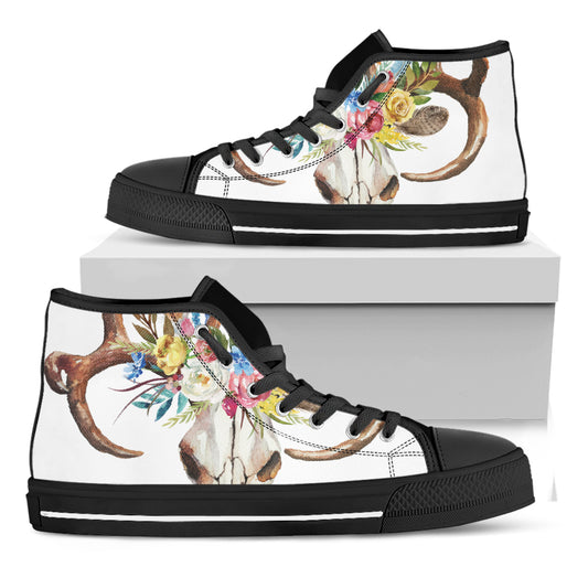 Boho Floral Deer Skull Print Black High Top Shoes