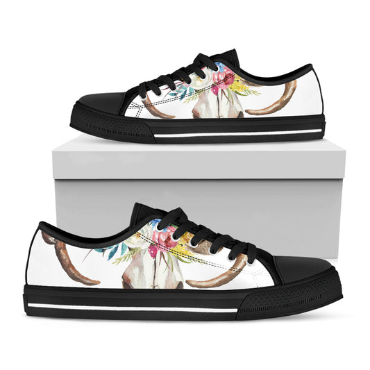 Boho Floral Deer Skull Print Black Low Top Shoes 