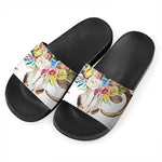Boho Floral Deer Skull Print Black Slide Sandals