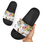 Boho Floral Deer Skull Print Black Slide Sandals
