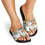 Boho Floral Deer Skull Print Black Slide Sandals