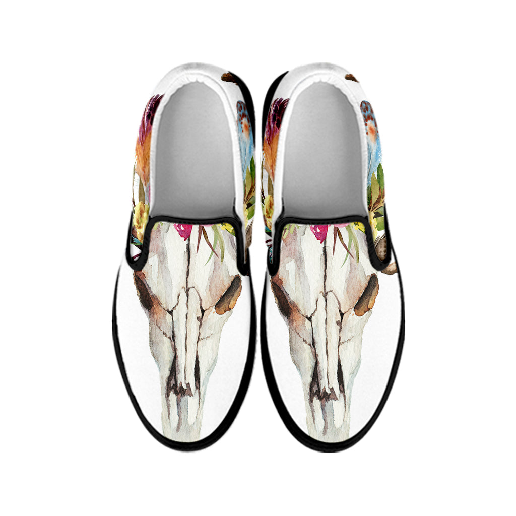 Boho Floral Deer Skull Print Black Slip On Shoes