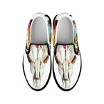 Boho Floral Deer Skull Print Black Slip On Shoes