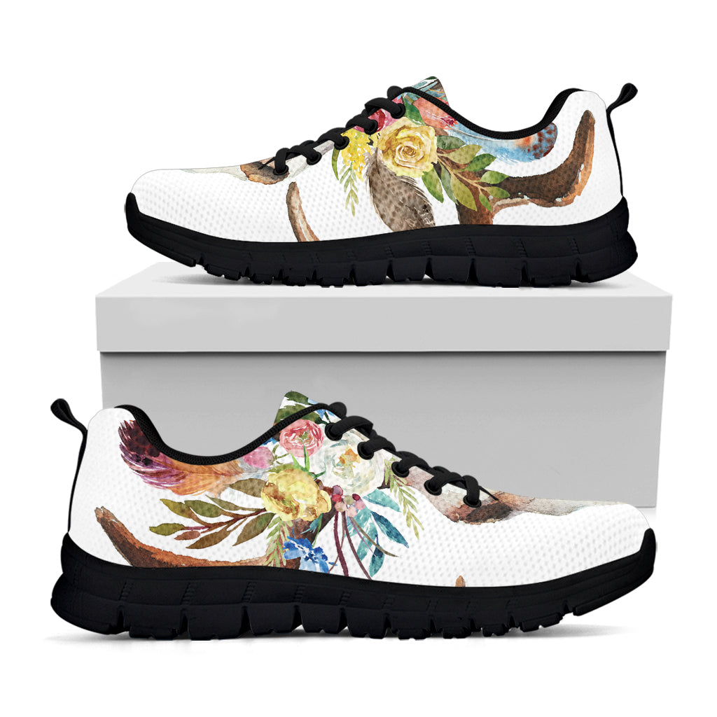 Boho Floral Deer Skull Print Black Sneakers