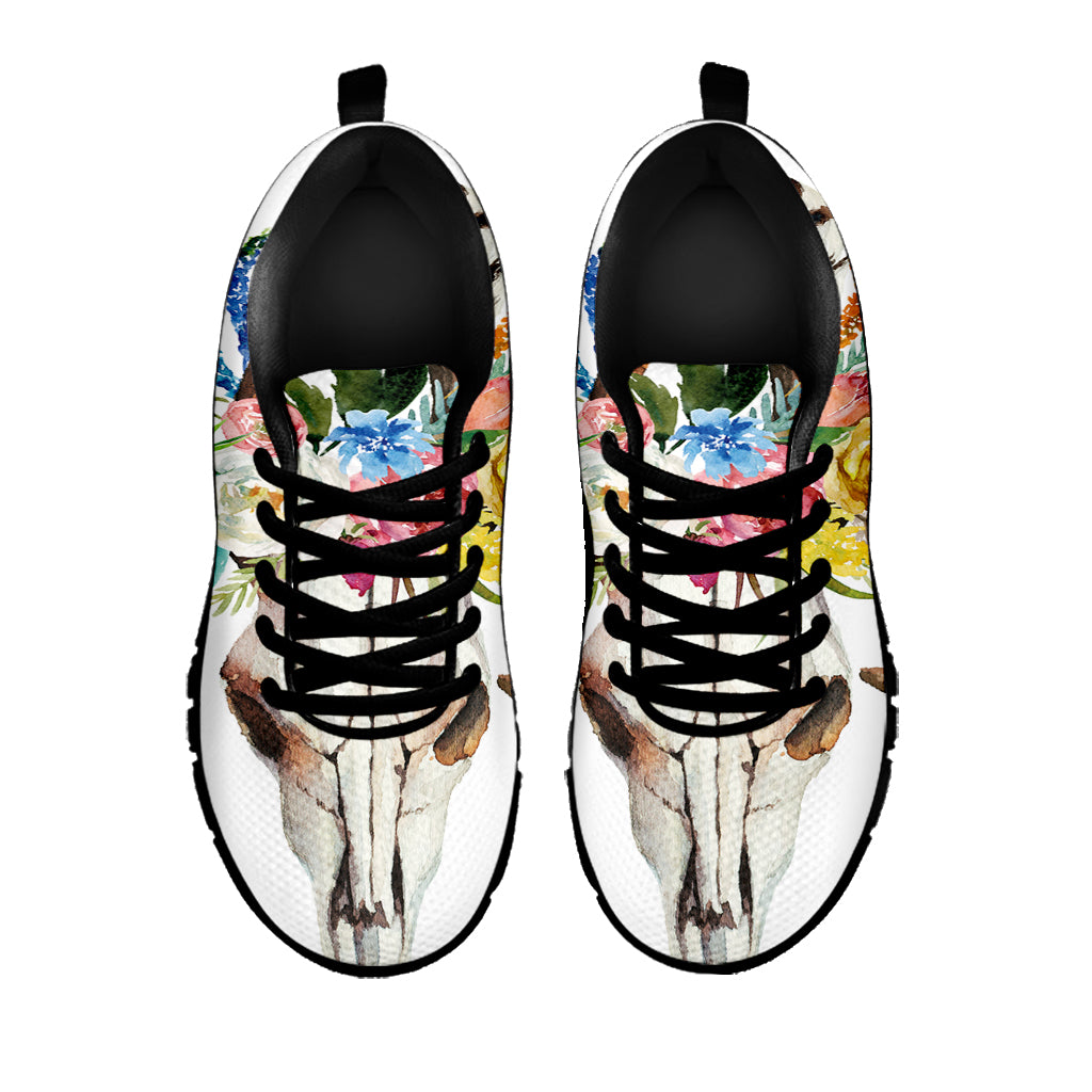 Boho Floral Deer Skull Print Black Sneakers