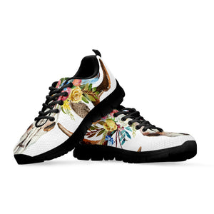 Boho Floral Deer Skull Print Black Sneakers