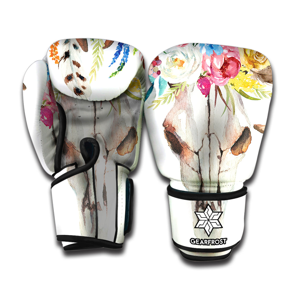 Boho Floral Deer Skull Print Boxing Gloves