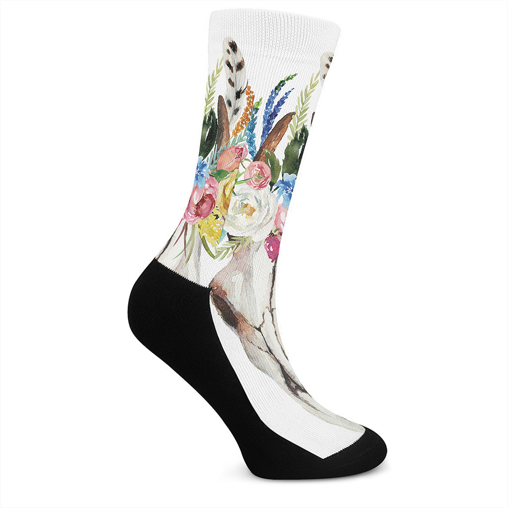 Boho Floral Deer Skull Print Crew Socks