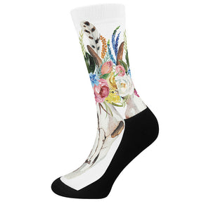 Boho Floral Deer Skull Print Crew Socks