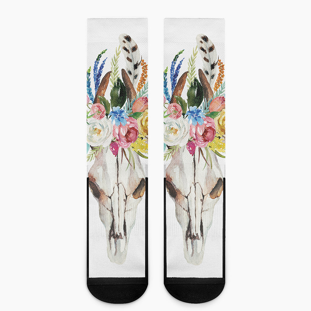 Boho Floral Deer Skull Print Crew Socks