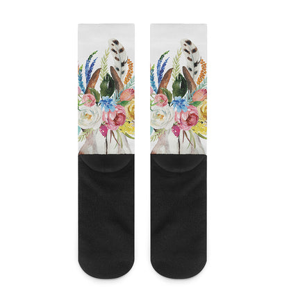 Boho Floral Deer Skull Print Crew Socks